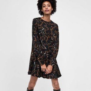 Zara Black Chain Print Long Sleeve Midi Dress Size S
